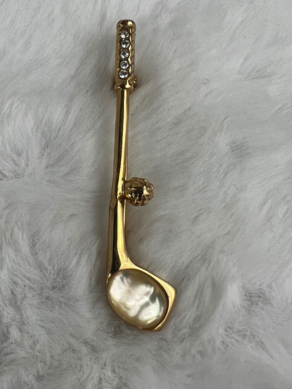 Vintage Gold Toned Golf Club Pin/Brooch w/ Mother of Pearl and Rhinestone Accent